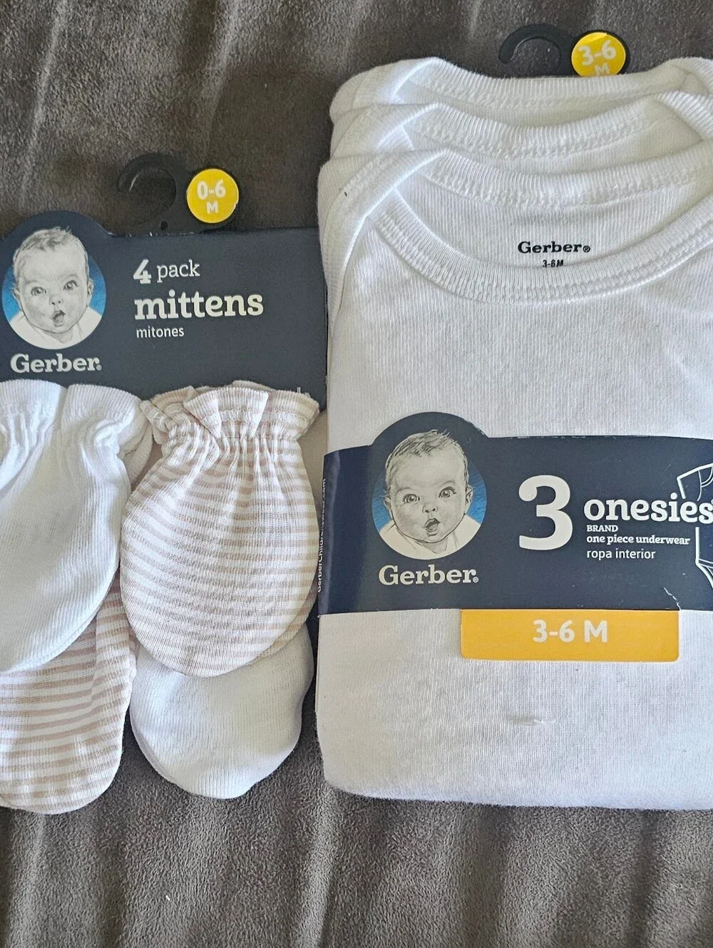 NWT Gerber White and Tan Baby Mittens Pack & White Onesies Pack